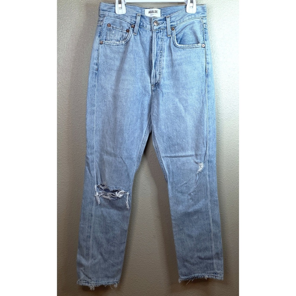 Agolde Sz 24 Blue Riley High Rise Distressed Straight Crop 26" Inseam Button Fly